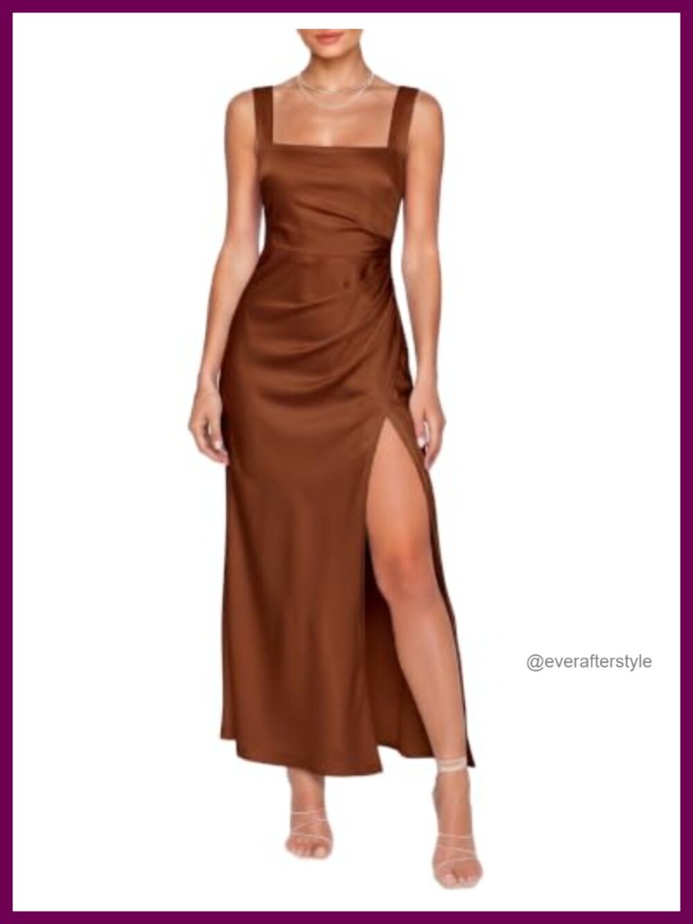 Satin Maxi Dress Square Neck Ruched Side Slit Formal Wedding Party